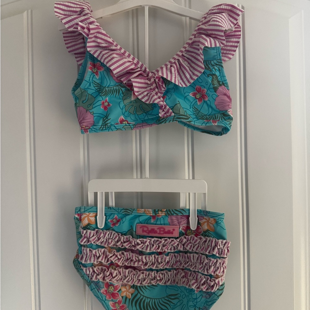Ruffle Butts Teal & Pink Floral Ruffle Two-Piece Swim Set